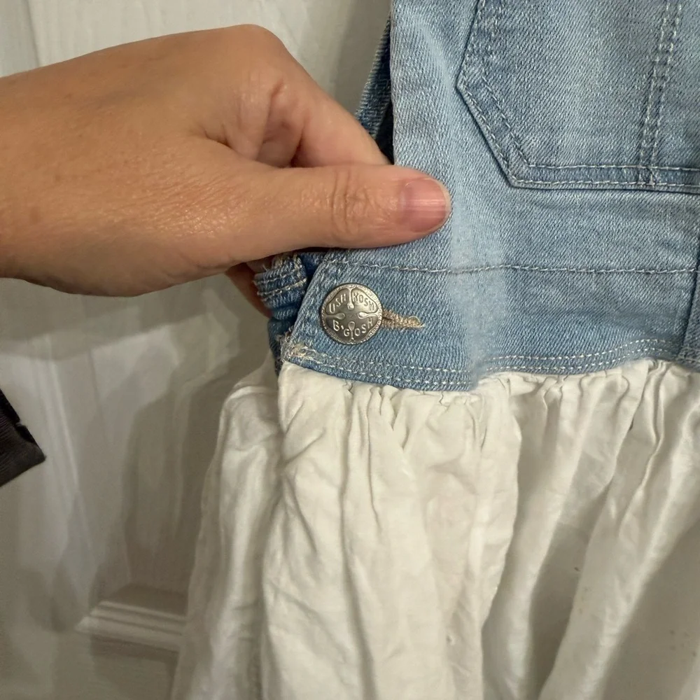 OshKosh 5T Denim Eyelet Overall Dress Cottagecore Prairie Blue White